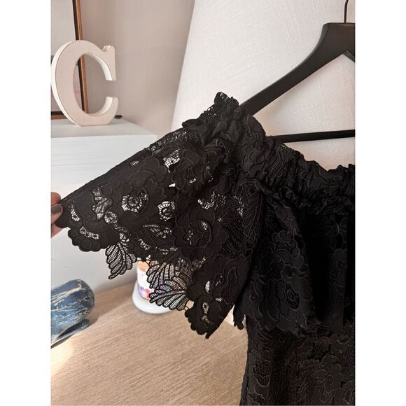 Badgley Mischka Black Lace Off The Shoulder Mini Dress Size 4 - Picture 3 of 10